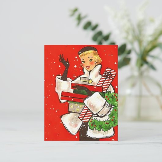 Kerstwinkelmeisje, feestdag briefkaart (Staand voorkant)