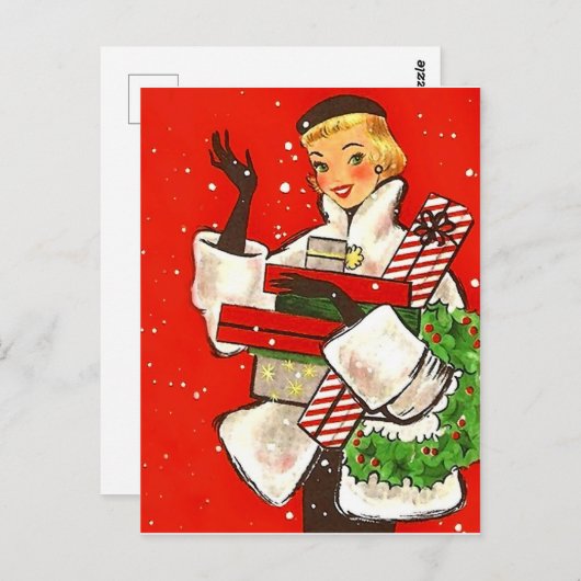 Kerstwinkelmeisje, feestdag briefkaart (Voorkant / Achterkant)