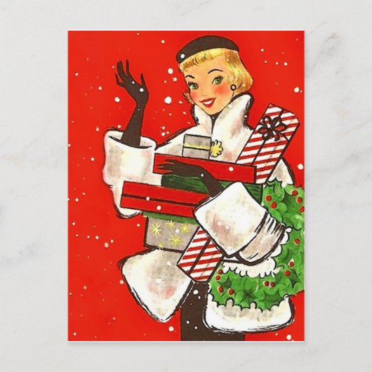 Kerstwinkelmeisje, vintage kerstgroet briefkaart (Voorkant)