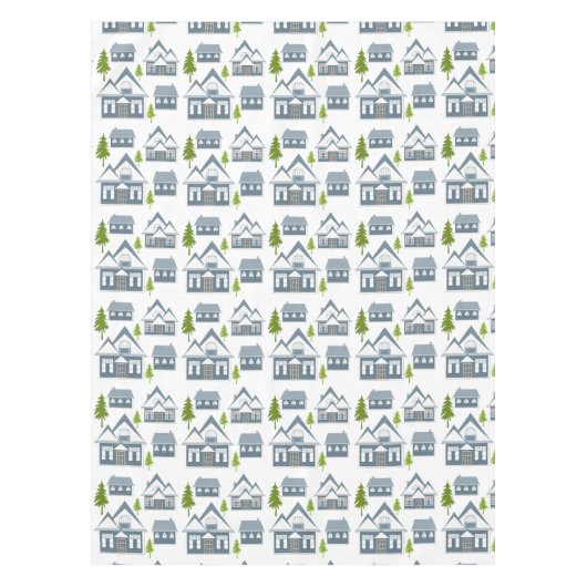 Kerstwinter afbeelding grijze huizen groene bomen tafelkleed (Voorkant)