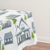 Kerstwinter afbeelding grijze huizen groene bomen tafelkleed (Voorbeeld)