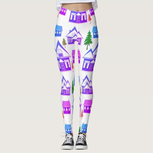 Kerstwinter afbeelding roze violet paarse huizen leggings (Voorkant)