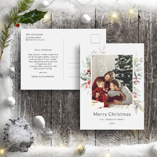 Kerstwinter boeket van rode bessen één foto briefkaart