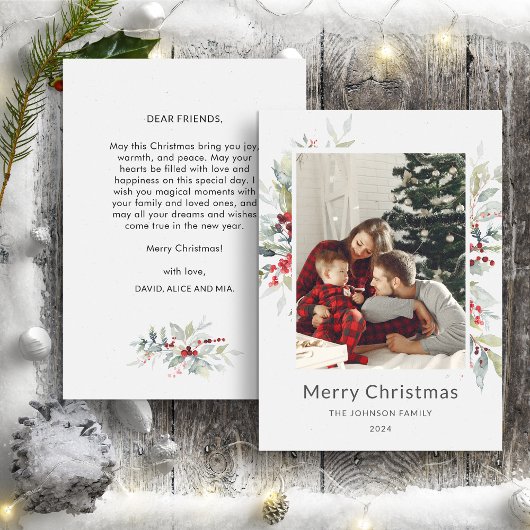 Kerstwinter boeket van rode bessen één foto feestdagenkaart