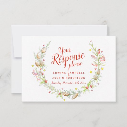 Kerstwinter bruiloft bloemenkrans kunst QR RSVP Kaartje (Voorkant)