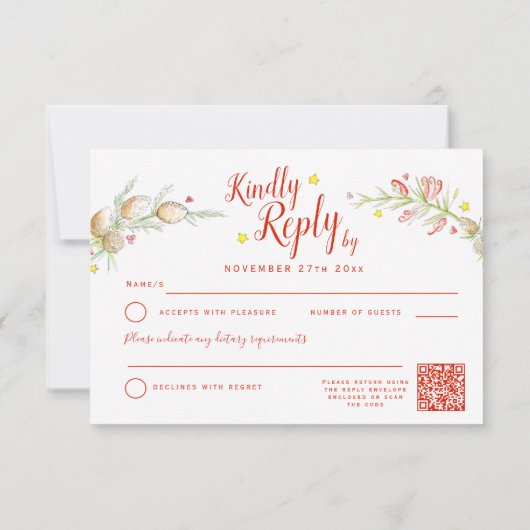 Kerstwinter bruiloft bloemenkrans kunst QR RSVP Kaartje (Achterkant)