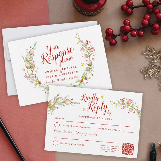 Kerstwinter bruiloft bloemenkrans kunst QR RSVP Kaartje