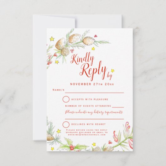 Kerstwinter bruiloft bloemenkrans kunst RSVP kaartje (Achterkant)