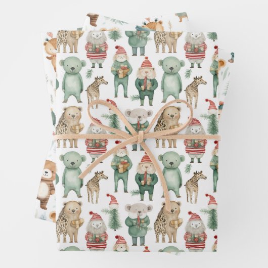 Kerstwinter dieren in truien inpakpapier vel (In situ)