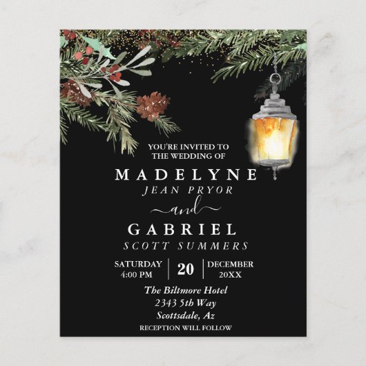 Kerstwinter Elegant Pine Drop Black Wedding Flyer (Voorkant)