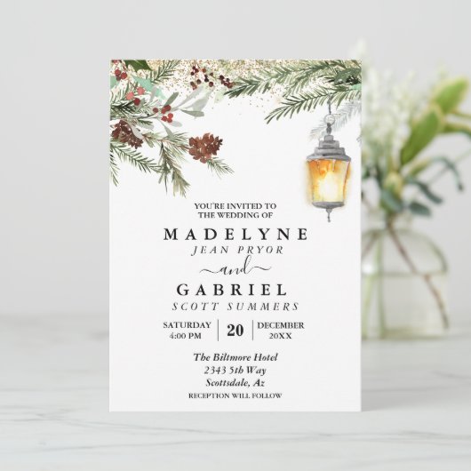 Kerstwinter Elegant Pine Drop Wedding Kaart (Staand voorkant)
