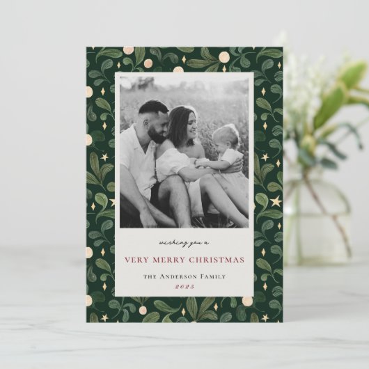 Kerstwinter gebladerte tweezijdige familiefoto feestdagenkaart (Staand voorkant)