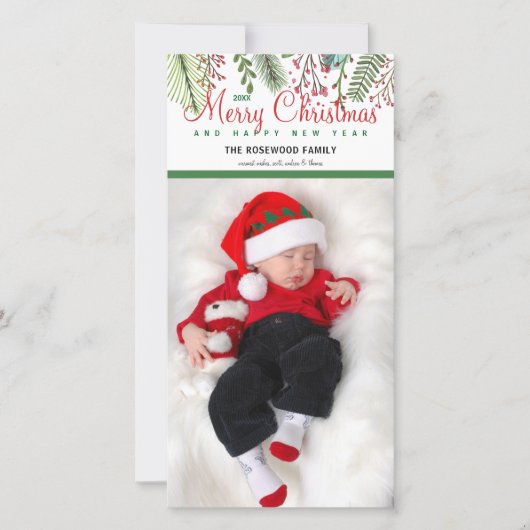 Kerstwinter Greenery Foto Feestdagenkaart (Voorkant)