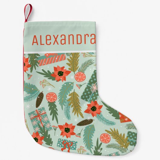 Kerstwinter: groene rode poinsettia kleine kerstsok (Voorkant)