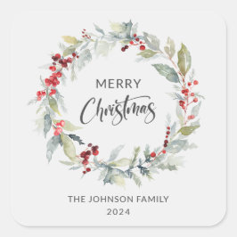 Kerstwinter krans van rode bessen vierkante sticker