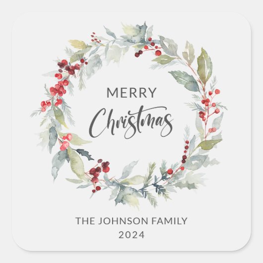 Kerstwinter krans van rode bessen vierkante sticker (Voorkant)