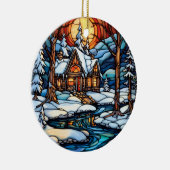Kerstwinter Landschap gebrandschilderd glas stijl Keramisch Ornament (Rechts)