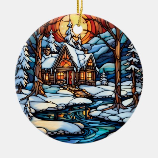 Kerstwinter Landschap gebrandschilderd glas stijl Keramisch Ornament (Voorkant)