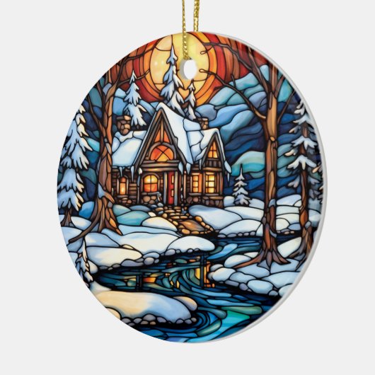 Kerstwinter Landschap gebrandschilderd glas stijl Keramisch Ornament (Links)