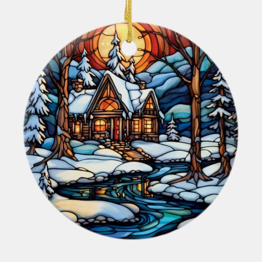 Kerstwinter Landschap gebrandschilderd glas stijl Keramisch Ornament (Achterkant)