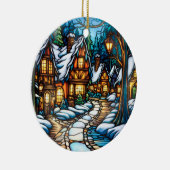 Kerstwinter Landschap gebrandschilderd glas stijl Keramisch Ornament (Rechts)