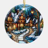 Kerstwinter Landschap gebrandschilderd glas stijl Keramisch Ornament (Voorkant)