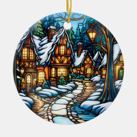 Kerstwinter Landschap gebrandschilderd glas stijl Keramisch Ornament (Voorkant)