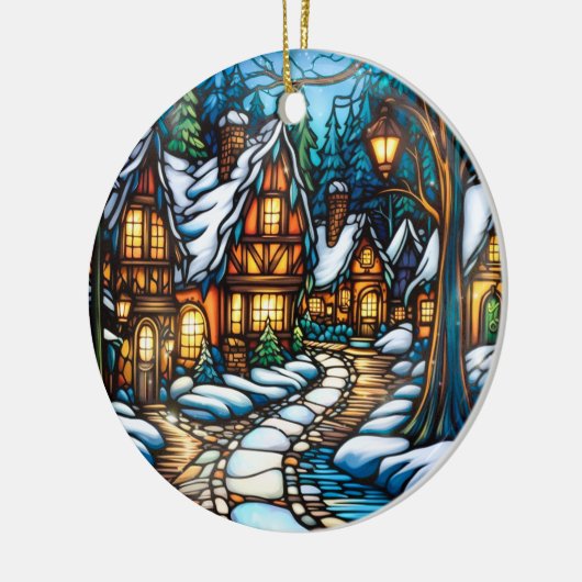 Kerstwinter Landschap gebrandschilderd glas stijl Keramisch Ornament (Links)