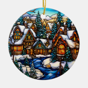 Kerstwinter Landschap gebrandschilderd glas stijl Keramisch Ornament