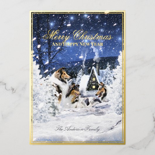 Kerstwinter, Magische, Ruwe Collies en Lambs - Folie Feestdagenkaart (Voorkant)