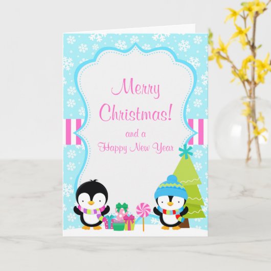 Kerstwinter met pinguïns kerst kaart (Gele Bloem)