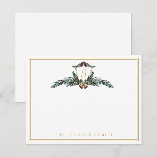 Kerstwinter Pinecone Crest Monogram op feestdag Notitiekaartje (Voorkant / Achterkant)