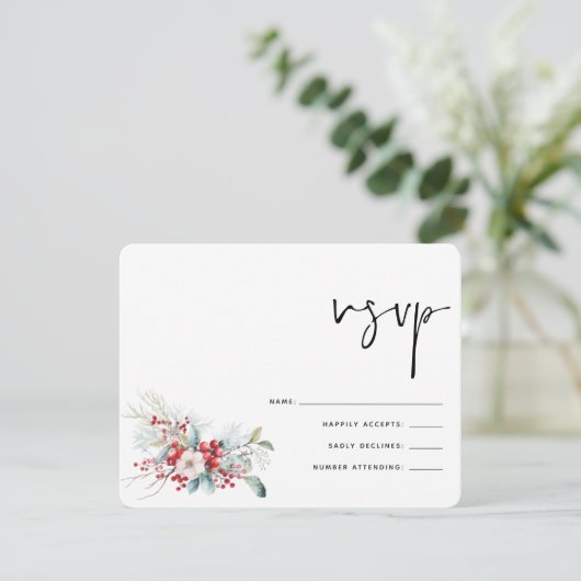 Kerstwinter Poinsettia Bessen Bruiloft RSVP Kaartje (Staand voorkant)