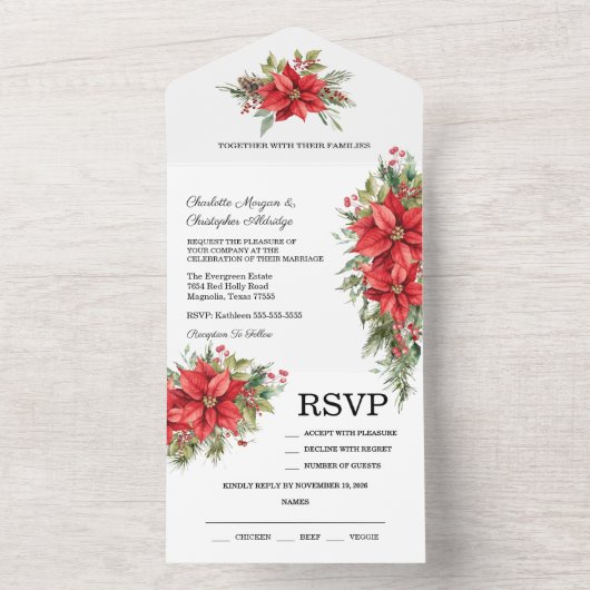 Kerstwinter Poinsettia Waterverf All In One Uitnodiging (Binnen)