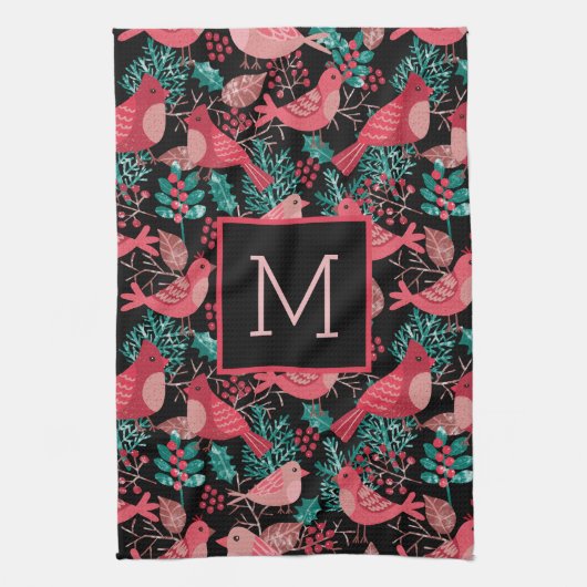 Kerstwinter Red Bird Berries Holiday Theedoek (Verticaal)