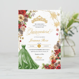 Kerstwinter Rode & Gouden Poinsettia Quinceanera Kaart