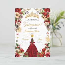 Kerstwinter Rode & Gouden Poinsettia Quinceanera Kaart