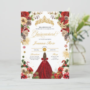 Kerstwinter Rode & Gouden Poinsettia Quinceanera Kaart