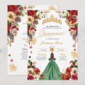 Kerstwinter Rode Groene Poinsettia Quinceanera Kaart (Voorkant / Achterkant)