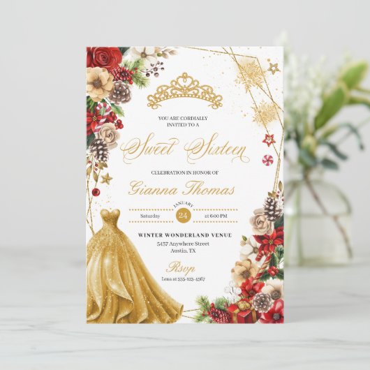 Kerstwinter rood & goud Poinsettia zoet 16 Kaart (Staand voorkant)