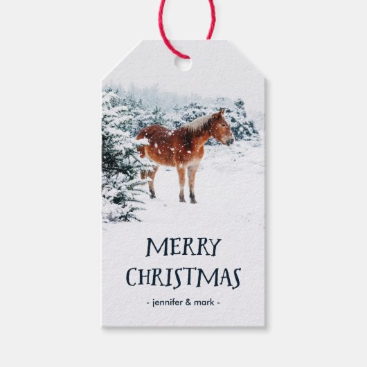 Kerstwinter Scène met Paard in de Sneeuw Cadeaulabel (Voorkant)