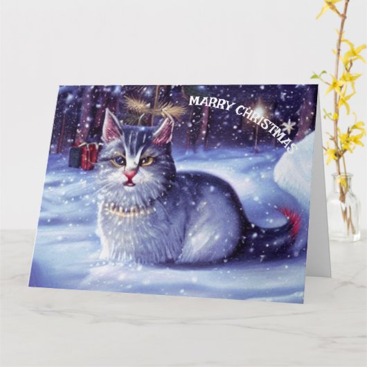 Kerstwinter Sneeuw Kat Kaart (Gele Bloem)