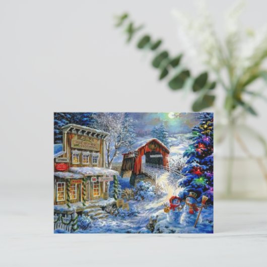 Kerstwinter Snowman Scene Feestdagenkaart (Staand voorkant)