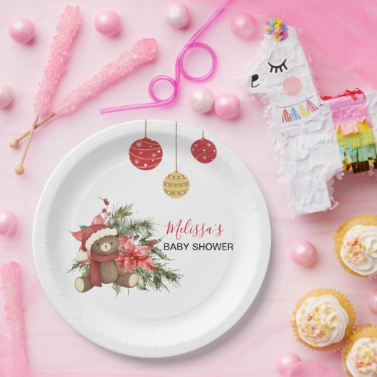 Kerstwinter Teddybeer Rode sjaal Papieren Bordje (Feest)