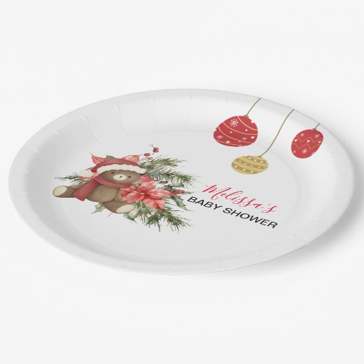 Kerstwinter Teddybeer Rode sjaal Papieren Bordje (Gekanteld)