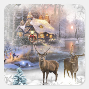 Kerstwinter Wilderness Cottage Vierkante Sticker
