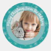 Kerstwinter Wit & Aqua Sneeuwvlokken Foto Ronde Sticker (Voorkant)