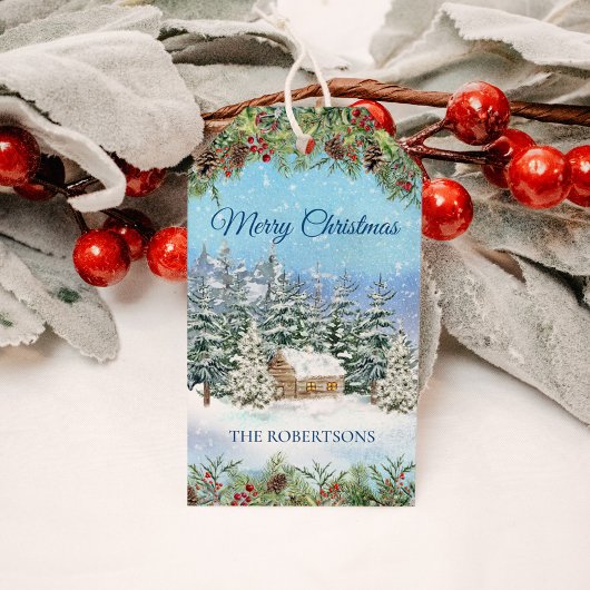 Kerstwinter Woodland Cabin Holiday Cadeaulabel