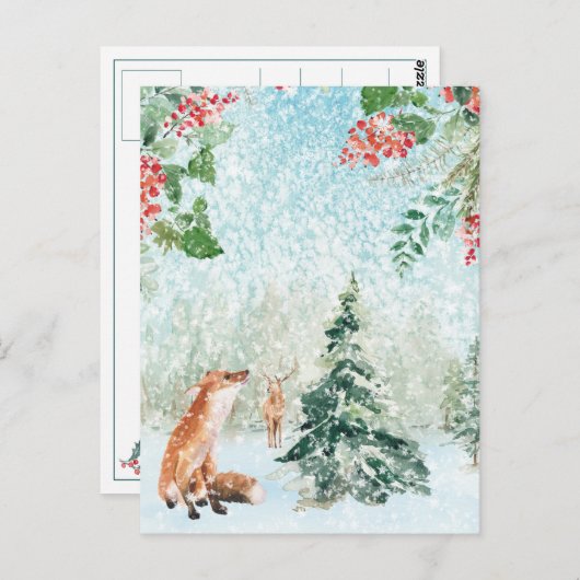 Kerstwinterbos Fox en Stag Scene Briefkaart (Voorkant / Achterkant)