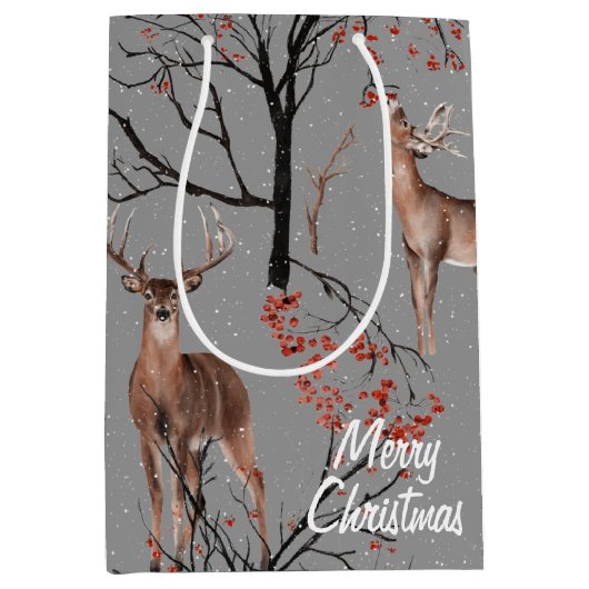 Kerstwinterdeer en vogels Middelgrote Gift Bag Medium Cadeauzakje (Voorkant)